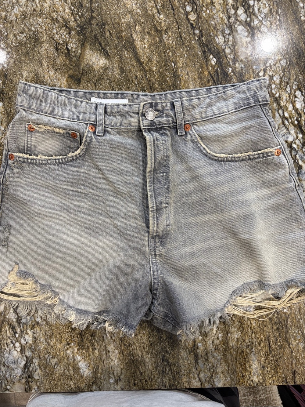 Zara Light Gray Distressed High-Rise Denim Shorts